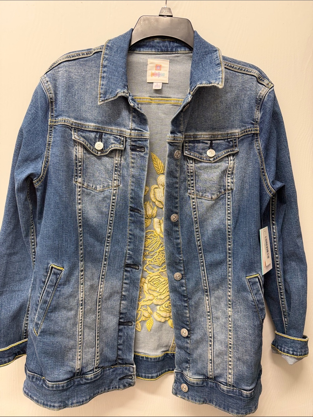 LuLaRoe Blue Denim Jacket with Yellow Embroidered Back